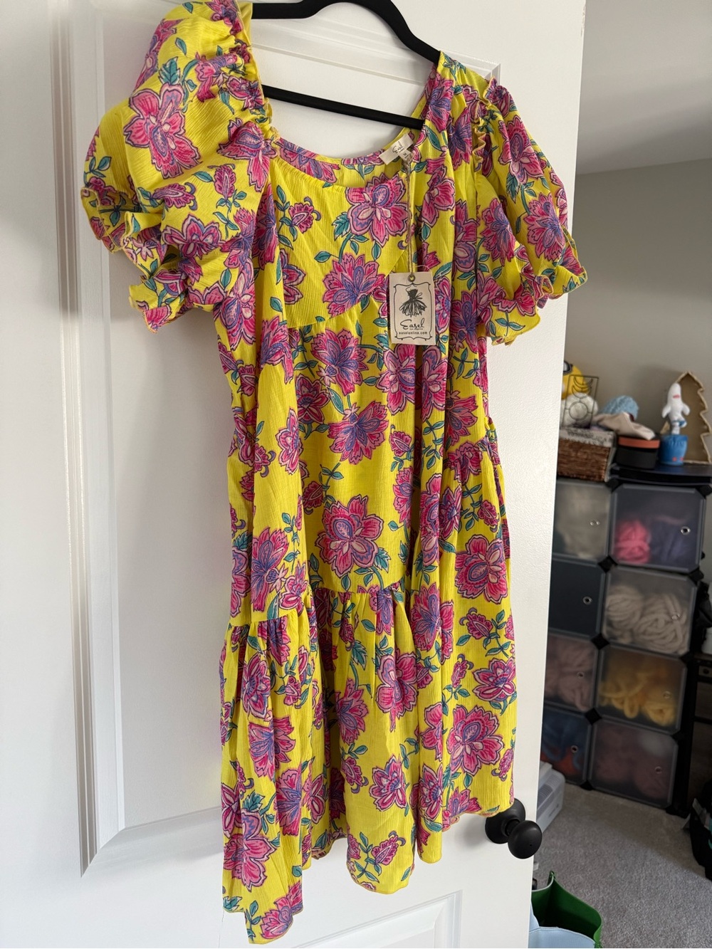 easel Yellow Floral Asymmetrical Puff-Sleeve Dress